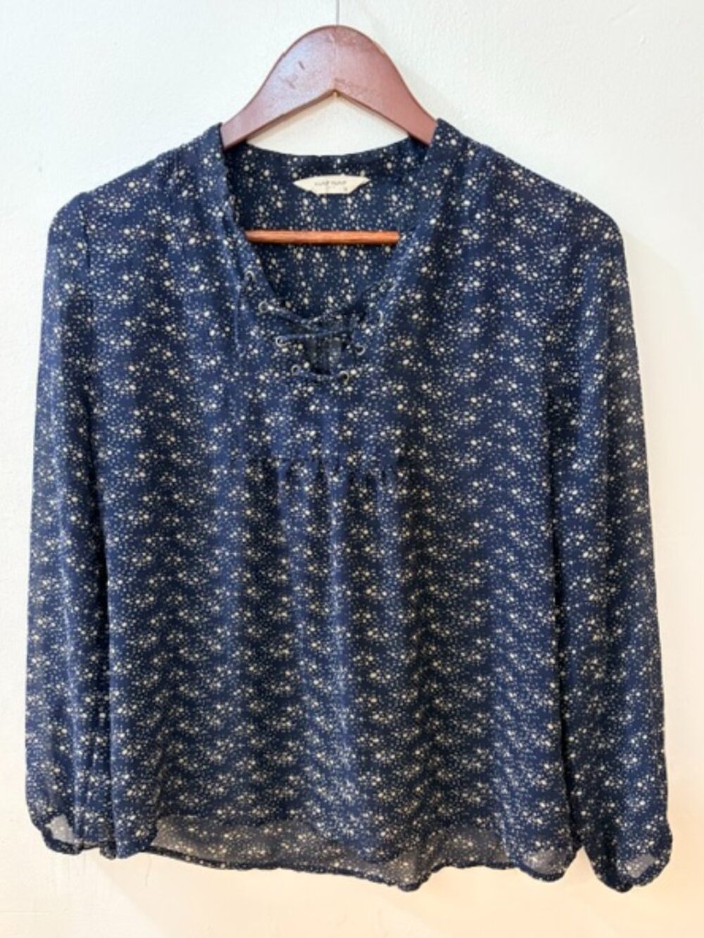 Naf Naf Paris Navy Ditsy Print Lace-Up Peasant Blouse – Size 38 / US 10